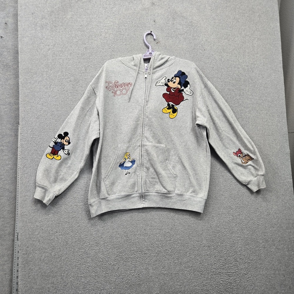 Disney 100 Women Hoodie 2XL Grey Embroidered Chenille Mickey Minnie Alice Bambi